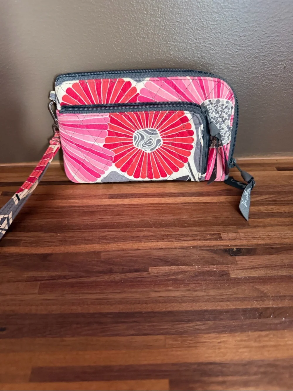 Vera Bradley Pink and Gray Floral Quilted Wristlet Wallet
